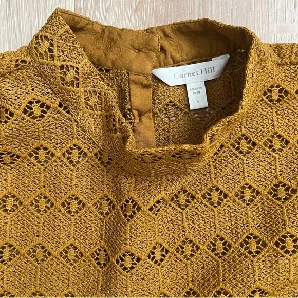 NWOT Garnet Hill Women's Teagan Lace Top Size L Mustard Yellow Brown 3/4 *W - Picture 4 of 5
